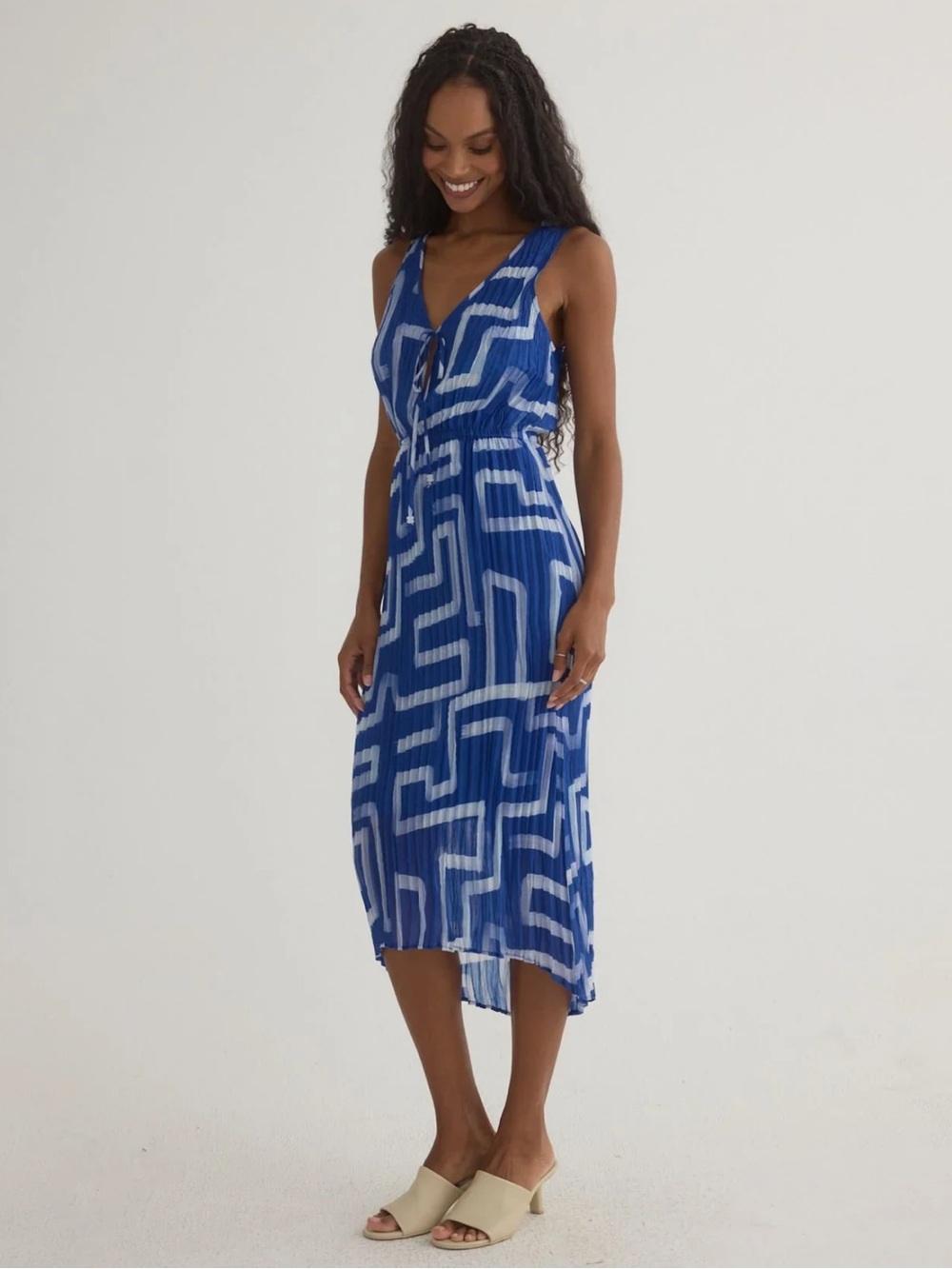 Bella Dahl High Low Pleated Dress in Coastal Line Print